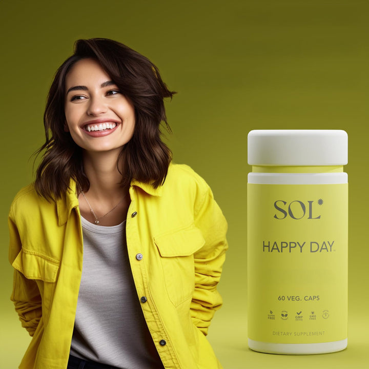 Sol Nutrition Happy Day capsules blended in a smoothie for easy daily intake.