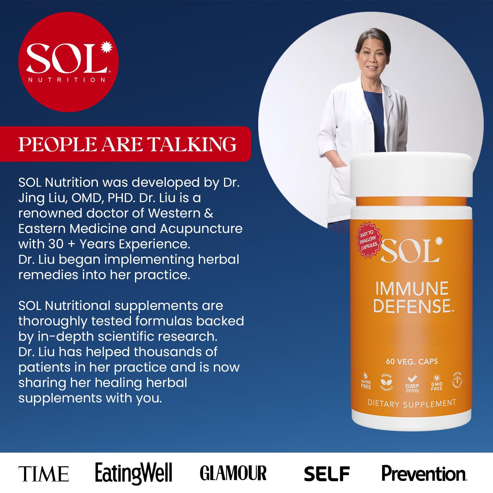 Label close-up showing ingredients and potency of Sol Nutrition Immune Defense
