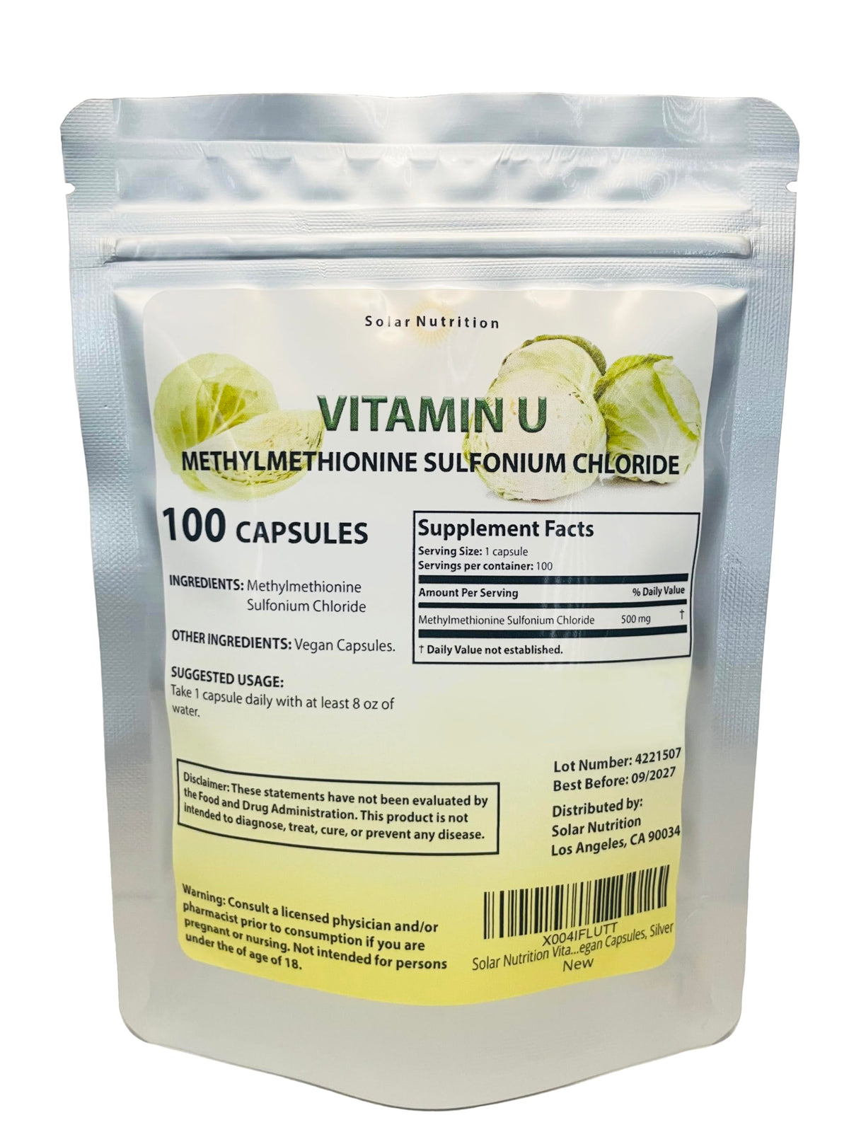 Solar Nutrition Vitamin U bottle front label for daily wellness.