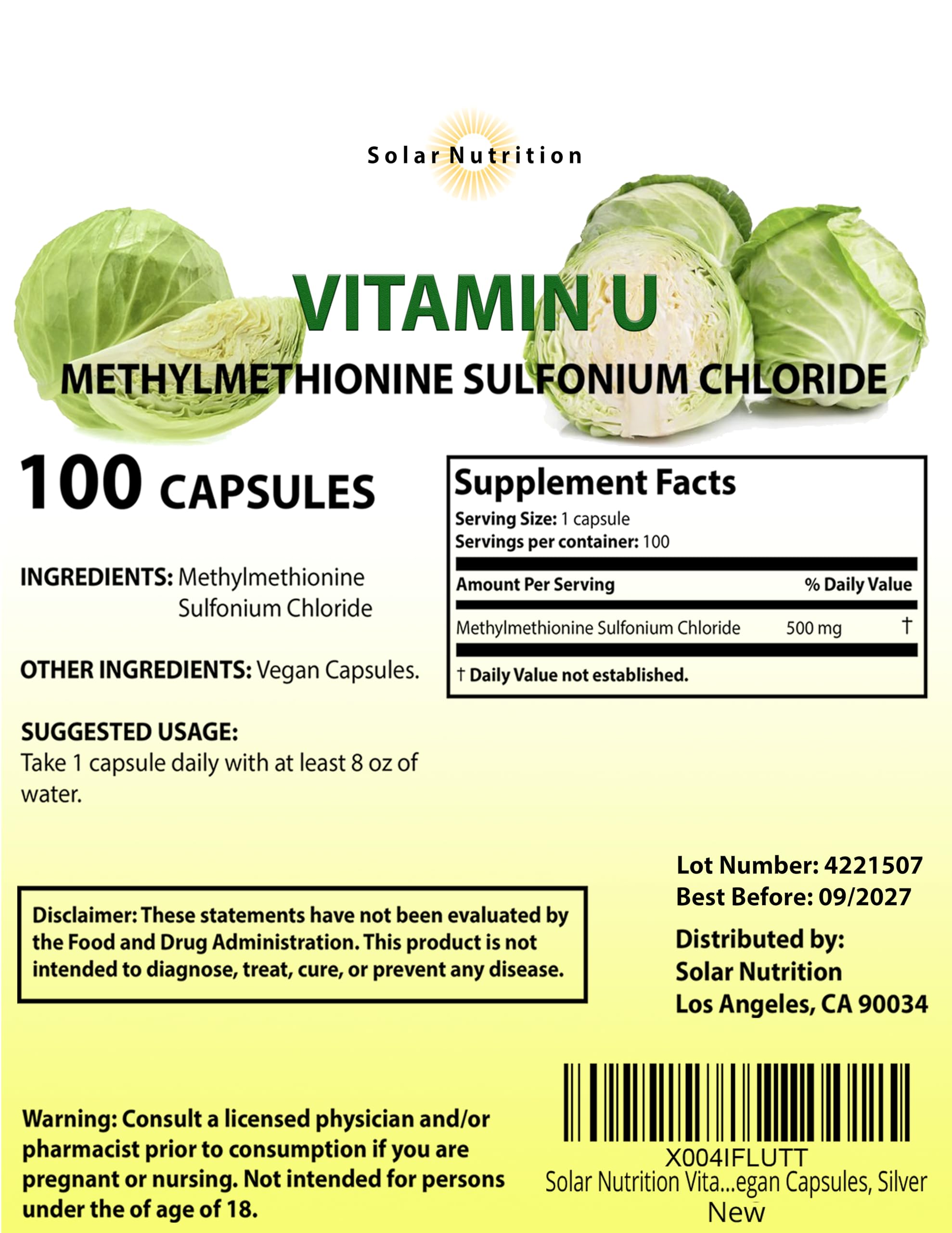 Solar Nutrition Vitamin U capsules close-up highlighting vegan formula.