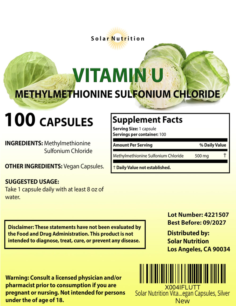 Solar Nutrition Vitamin U capsules close-up highlighting vegan formula.