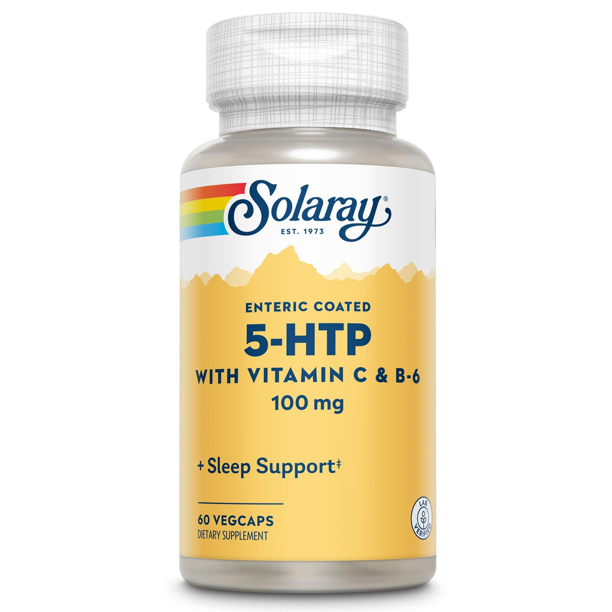 SOLARAY 5-HTP supplement bottle for daily use and consistent sleep-support routines.