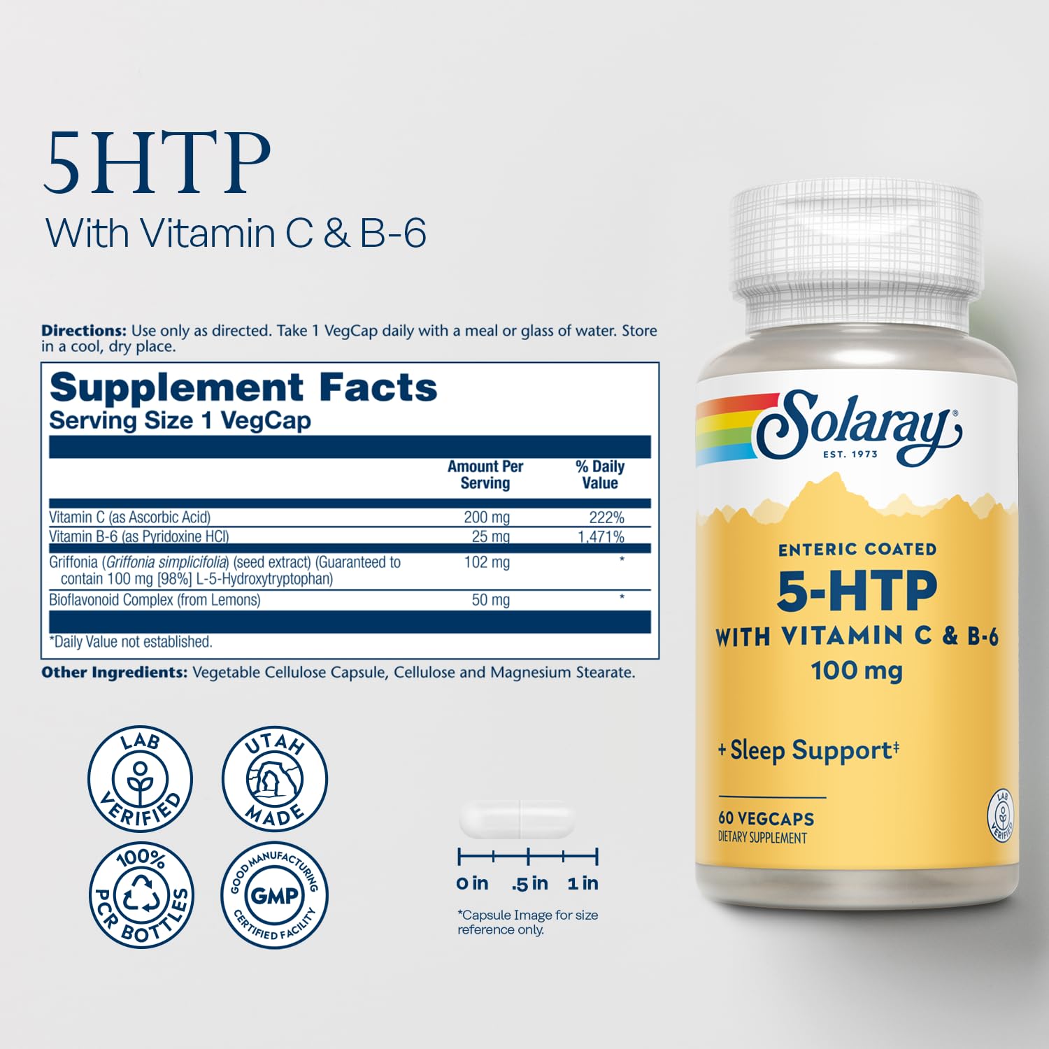 SOLARAY 5-HTP capsules close-up highlighting enteric coating for gentle digestion.