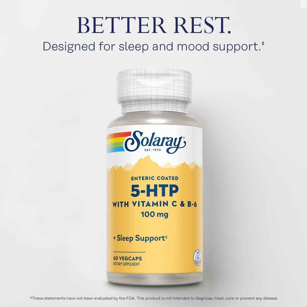 SOLARAY 5-HTP label up shows vitamin C and B-6 blend for overall support.