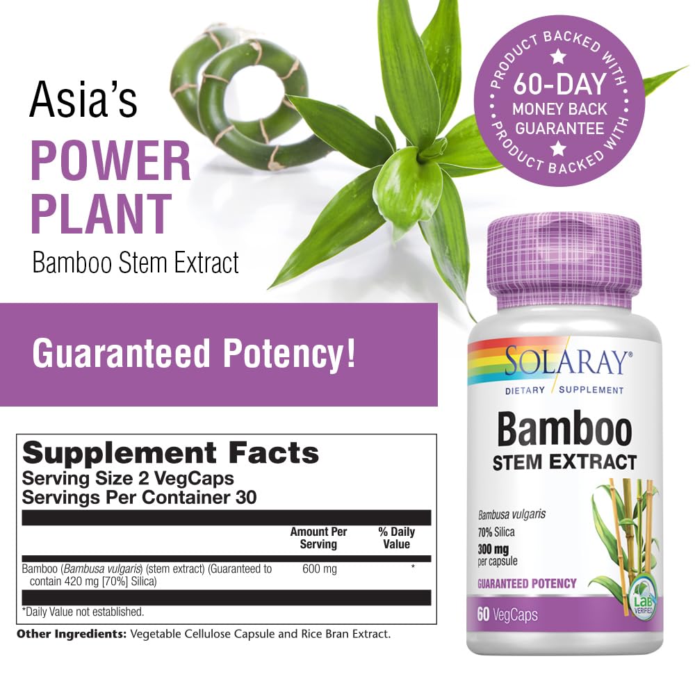 Graphic highlighting SOLARAY bamboo extract 70% silica for collagen support