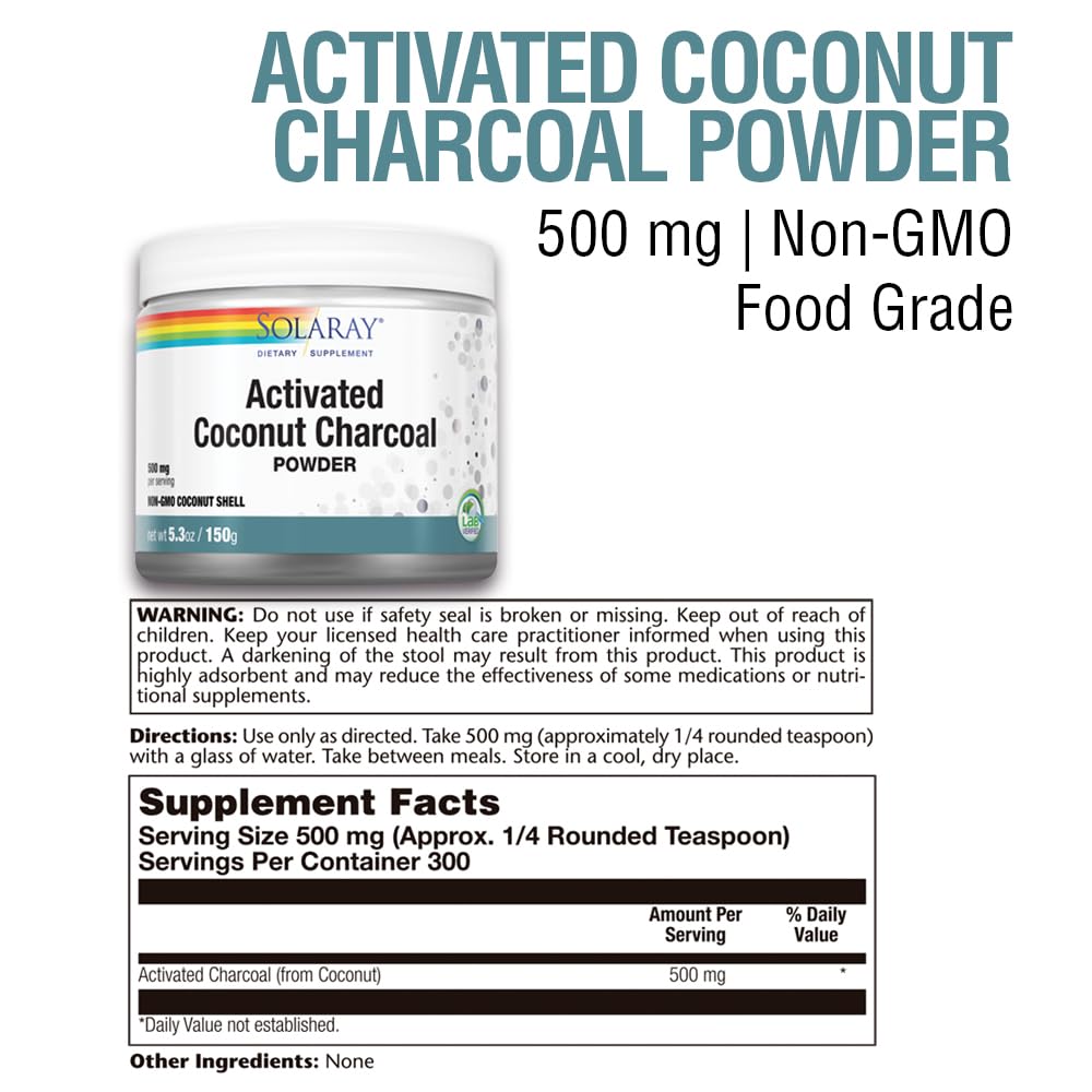SOLARAY activated coconut charcoal powder pour shows convenient dosing for digestion.