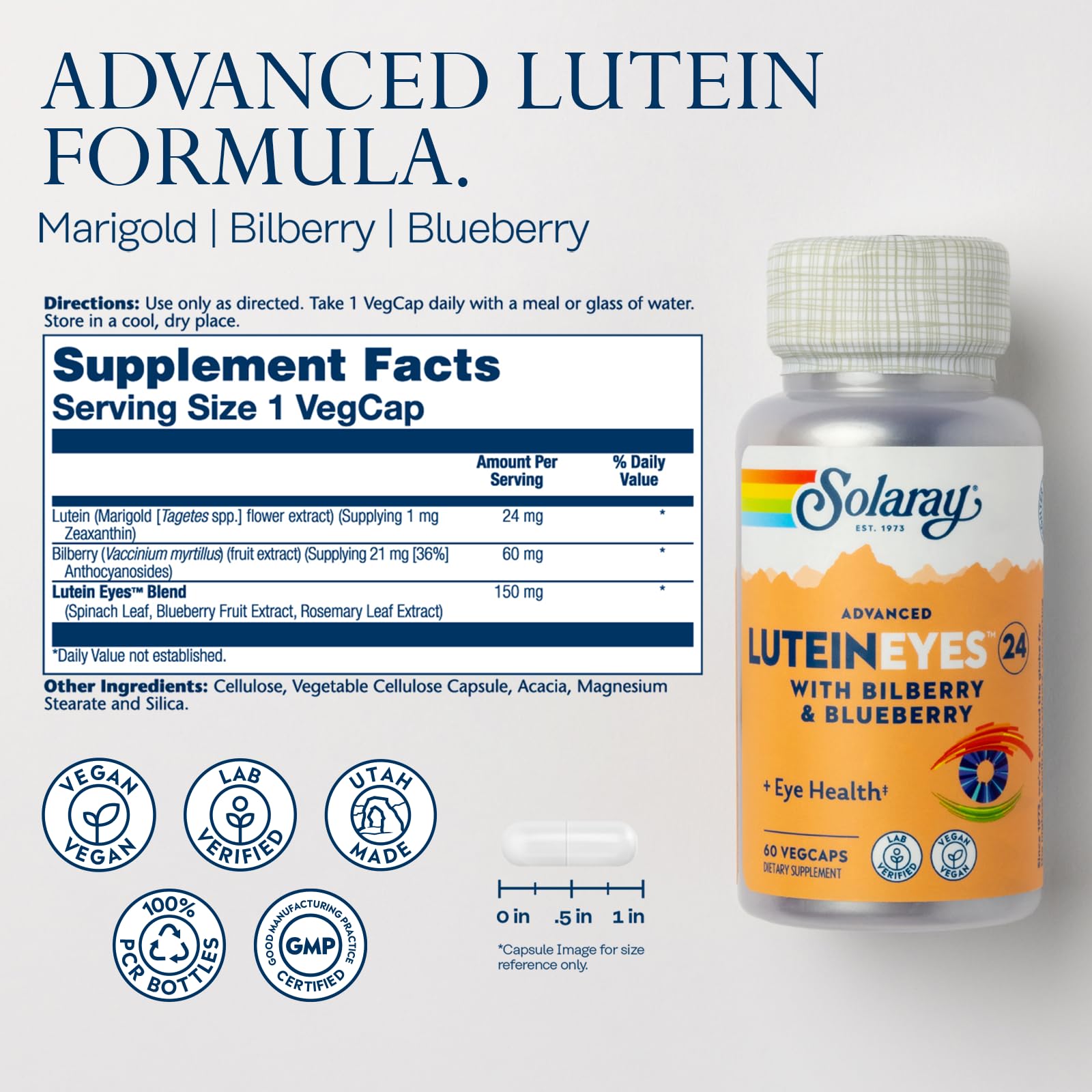 SOLARAY Advanced Lutein Eyes capsules close-up for daily eye health.