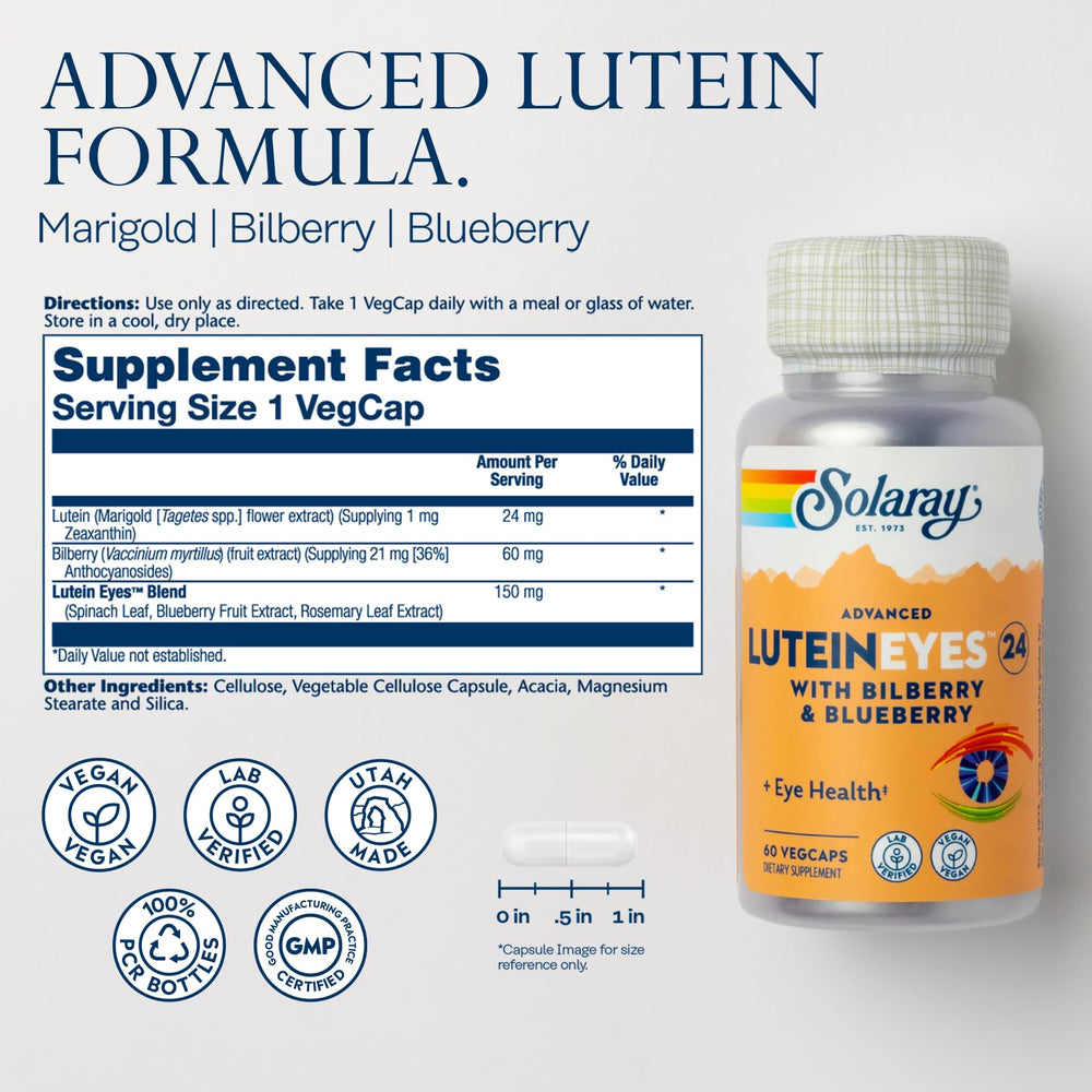 SOLARAY Advanced Lutein Eyes capsules close-up for daily eye health.
