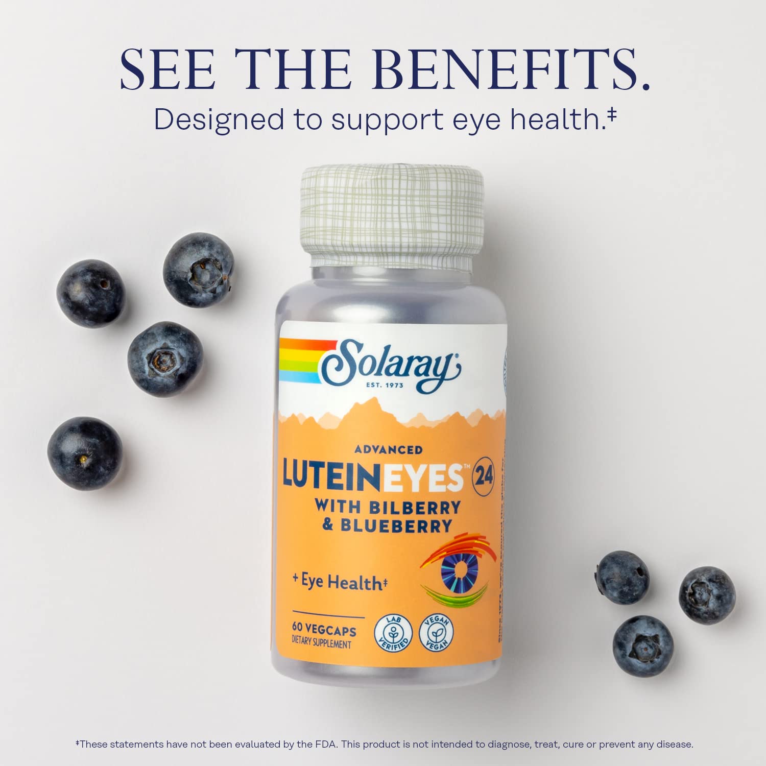 SOLARAY Advanced Lutein Eyes packaging highlights eco-friendly bottle materials.