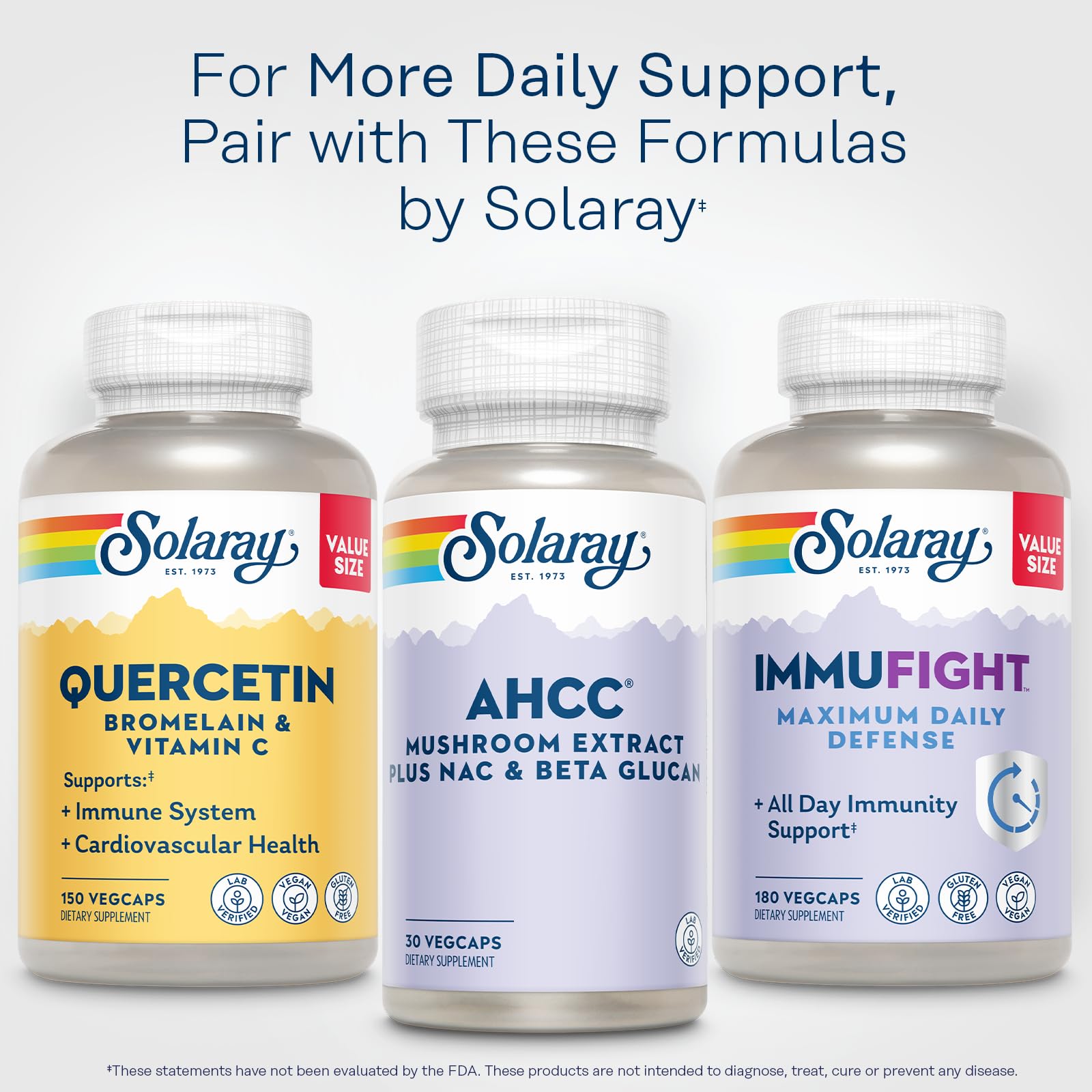 SOLARAY AHCC capsules on white background for quick daily use.