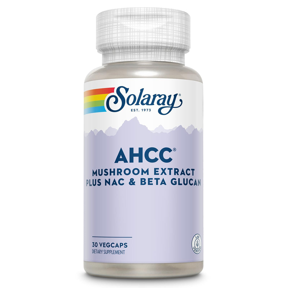 SOLARAY AHCC mushroom supplement bottle showcasing the full ingredient blend for daily wellness.