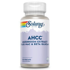 SOLARAY AHCC mushroom supplement bottle showcasing the full ingredient blend for daily wellness.