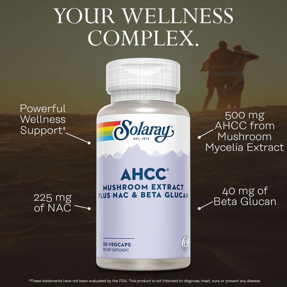 SOLARAY AHCC mushroom supplement label displays AHCC and NAC details.