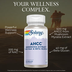 SOLARAY AHCC mushroom supplement label displays AHCC and NAC details.