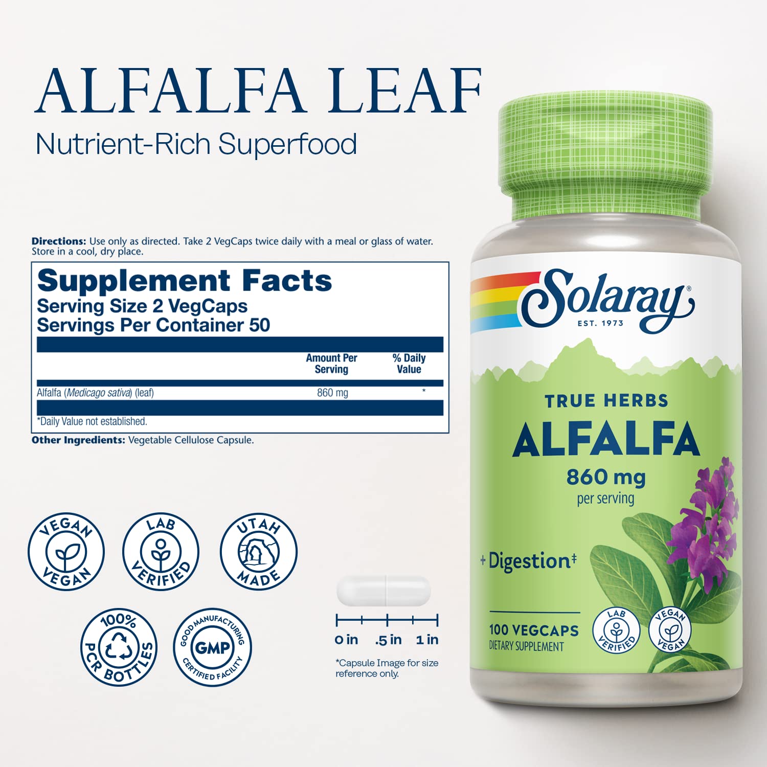 Solaray Alfalfa Leaf 860mg capsules closeup shows easy-to-swallow vegan capsules for daily use.