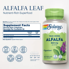 Solaray Alfalfa Leaf 860mg capsules closeup shows easy-to-swallow vegan capsules for daily use.