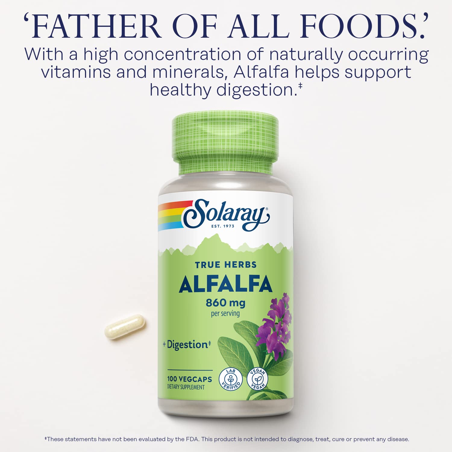 Solaray Alfalfa Leaf 860mg label front highlights natural vitamins and minerals.