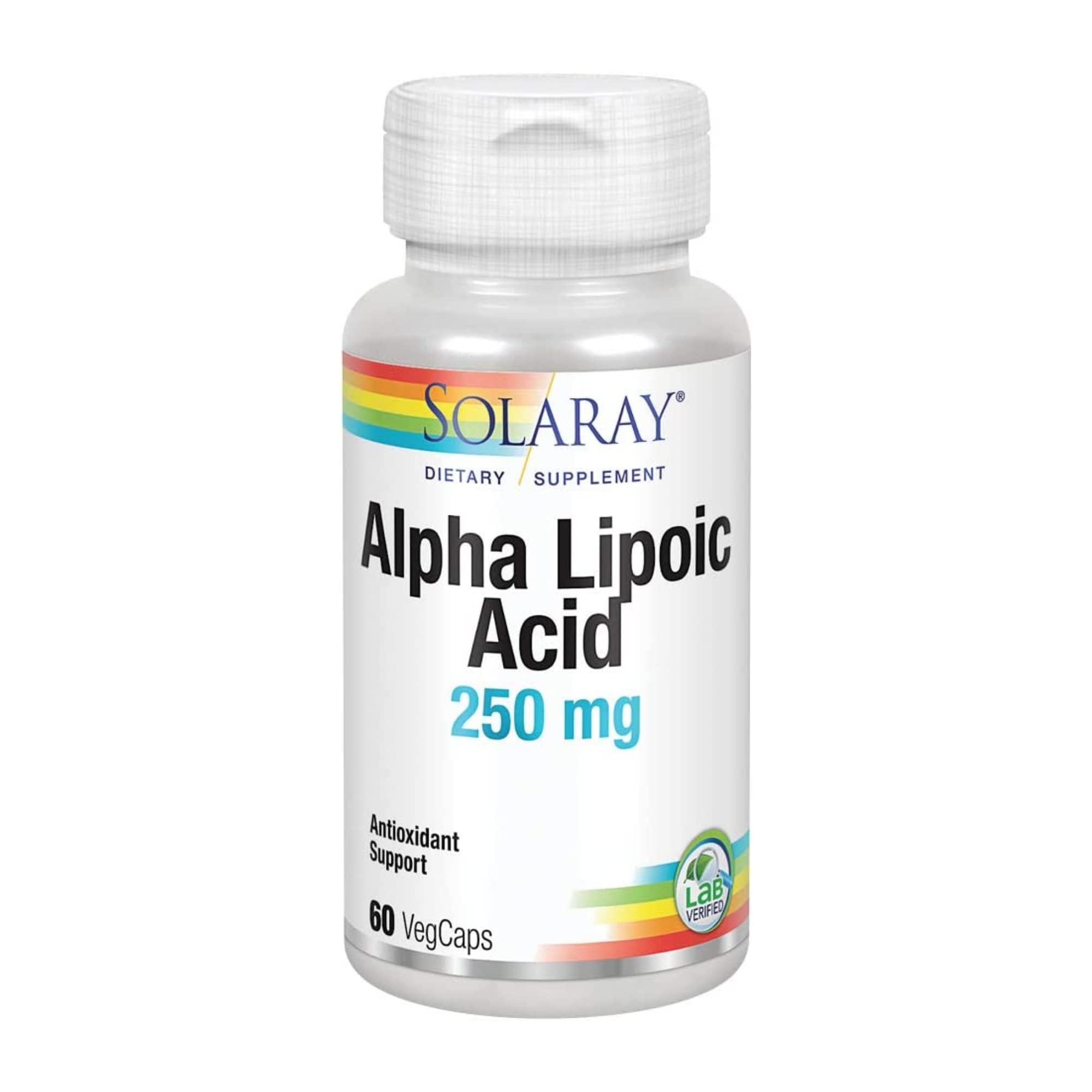 SOLARAY Alpha Lipoic Acid 250 mg vegan capsules bottle supporting antioxidant activity.