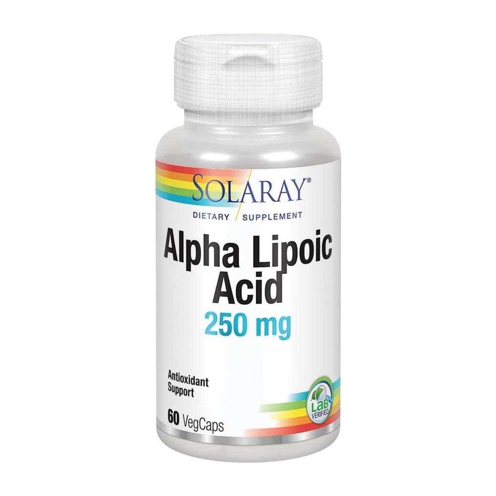 SOLARAY Alpha Lipoic Acid 250 mg vegan capsules bottle supporting antioxidant activity.