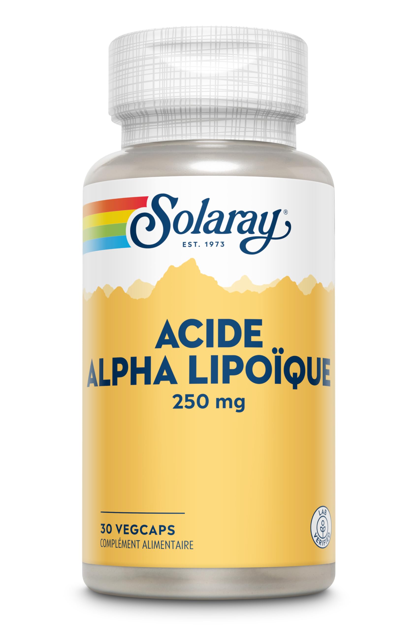 SOLARAY Alpha Lipoic Acid label shows non-GMO and vegan ingredients.