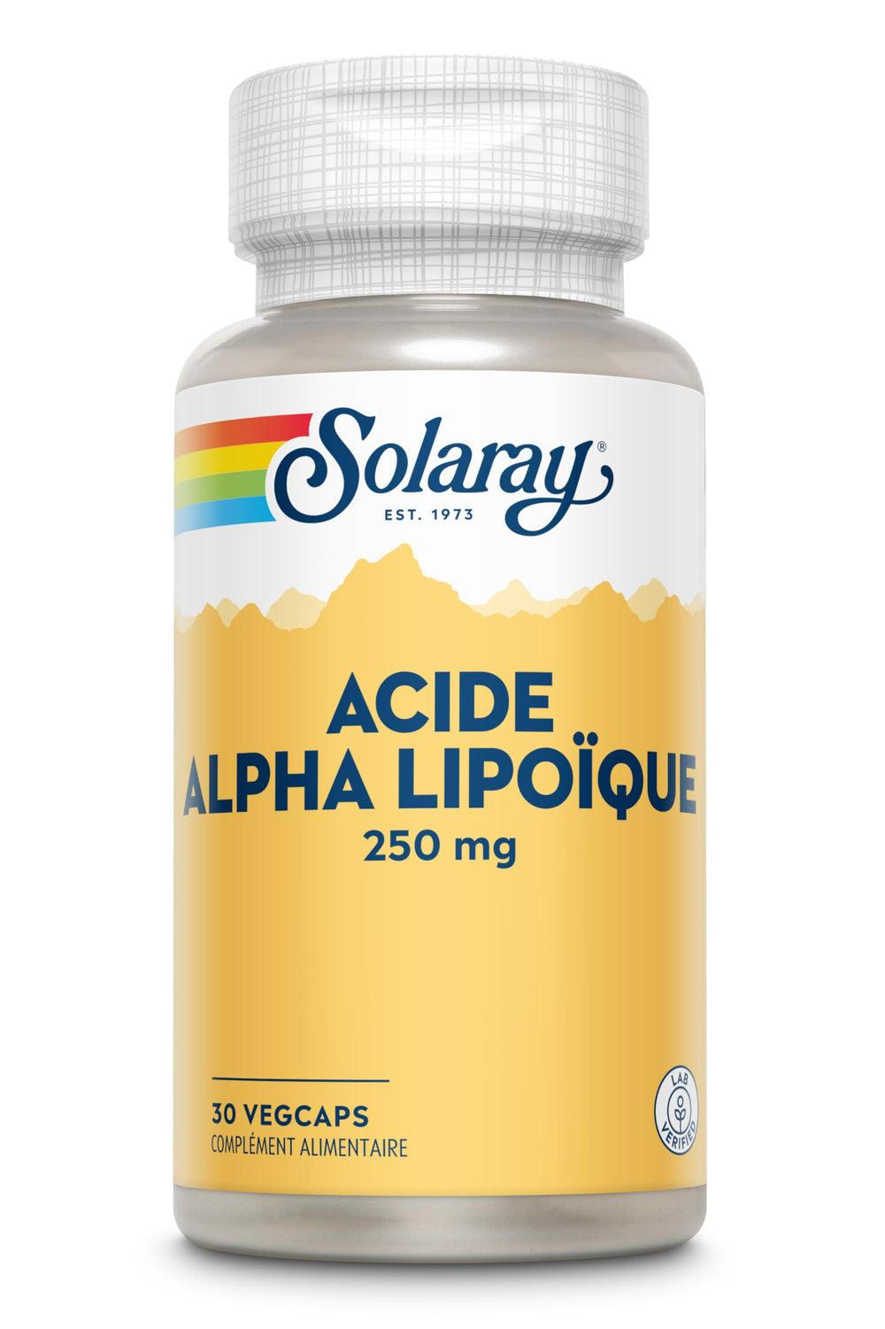 SOLARAY Alpha Lipoic Acid label shows non-GMO and vegan ingredients.