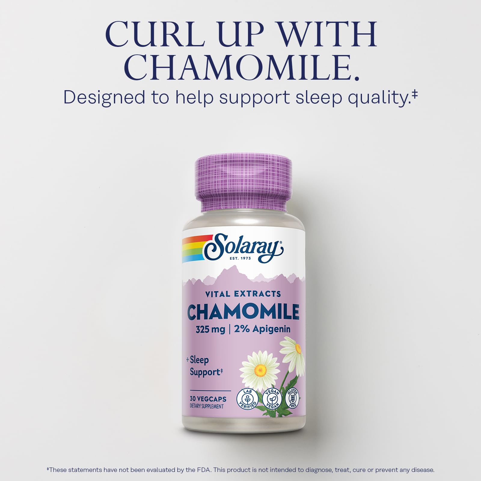 SOLARAY Chamomile apigenin 2% standard: highlights flavonoid content for consistency.
