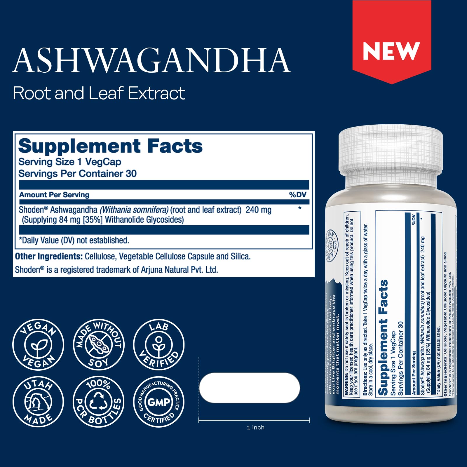 SOLARAY Ashwagandha bottle label showing 18X absorption feature for bioavailability