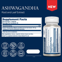 SOLARAY Ashwagandha bottle label showing 18X absorption feature for bioavailability