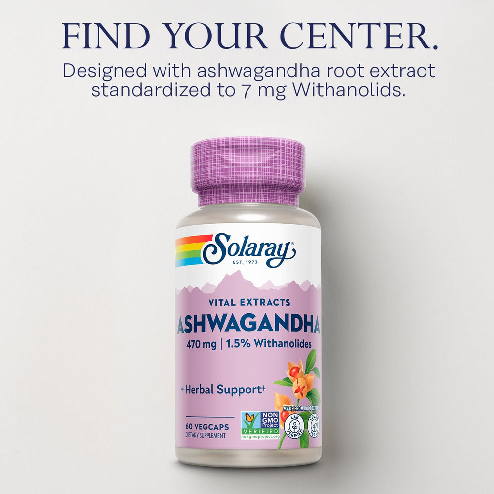 SOLARAY Ashwagandha label closeup highlights standardized withanolides in each VegCap.