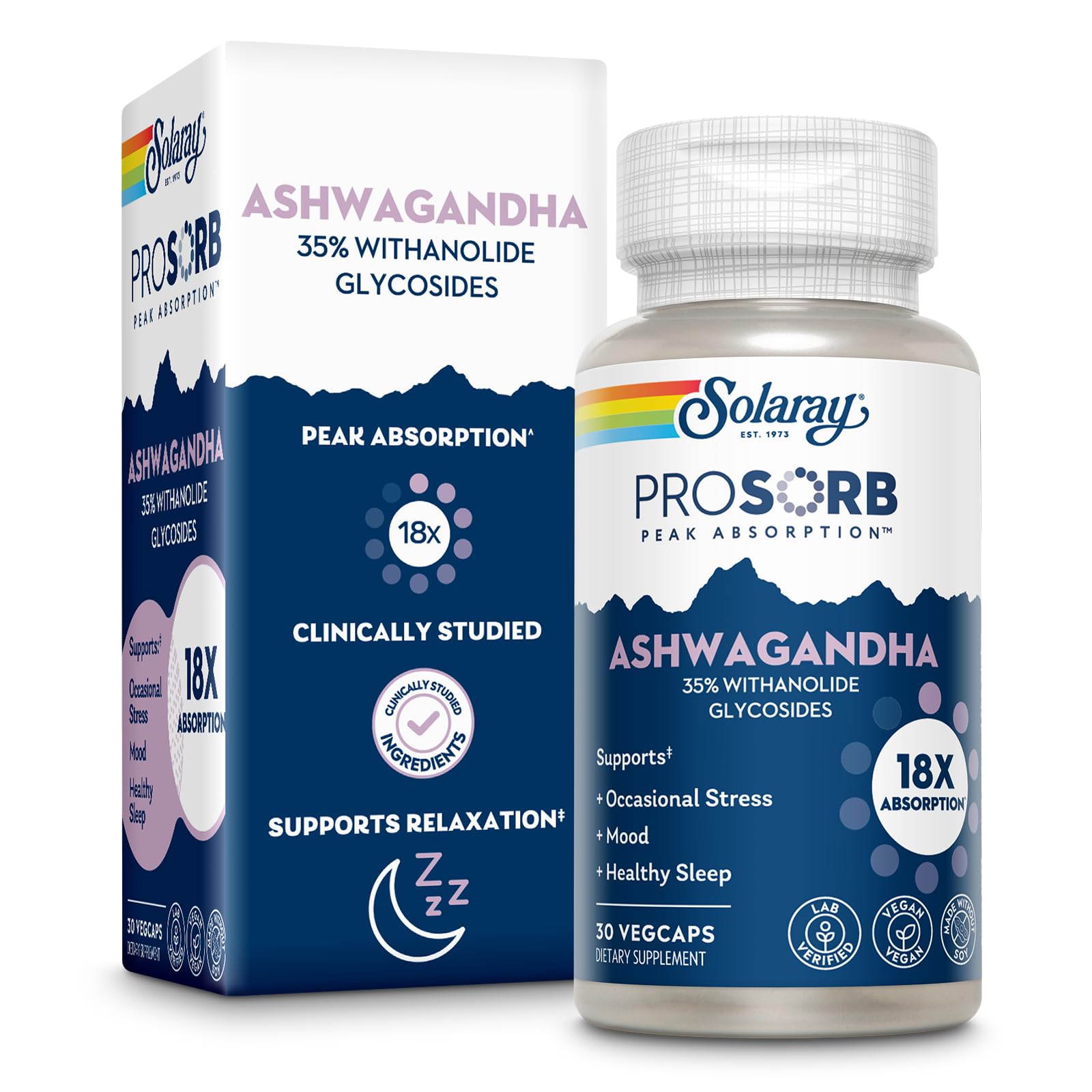 SOLARAY Ashwagandha capsules bottle close-up highlighting stress support potential