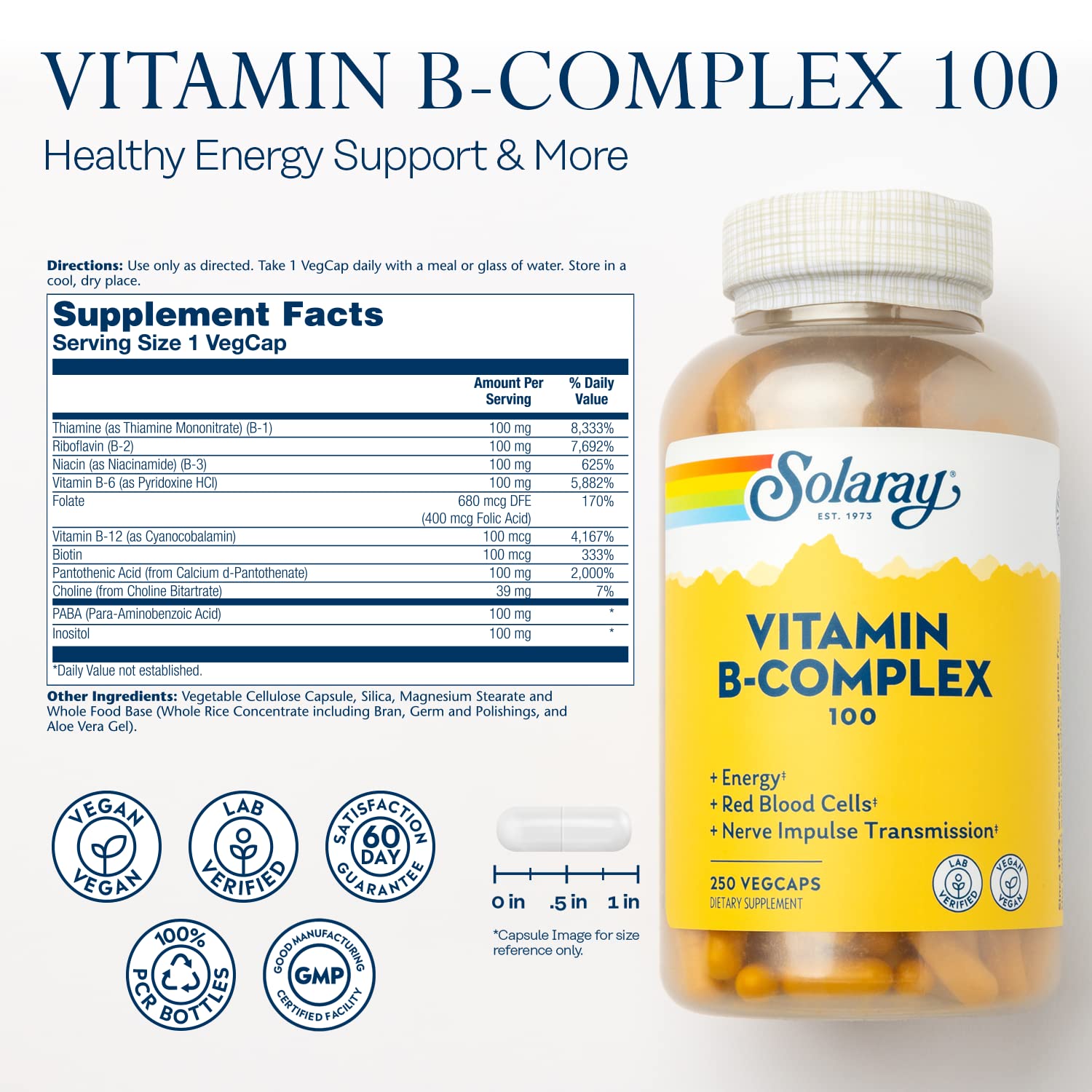 SOLARAY B-Complex 100 capsules closeup highlighting capsule texture for daily energy