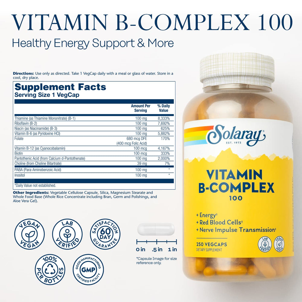 SOLARAY B-Complex 100 capsules closeup highlighting capsule texture for daily energy