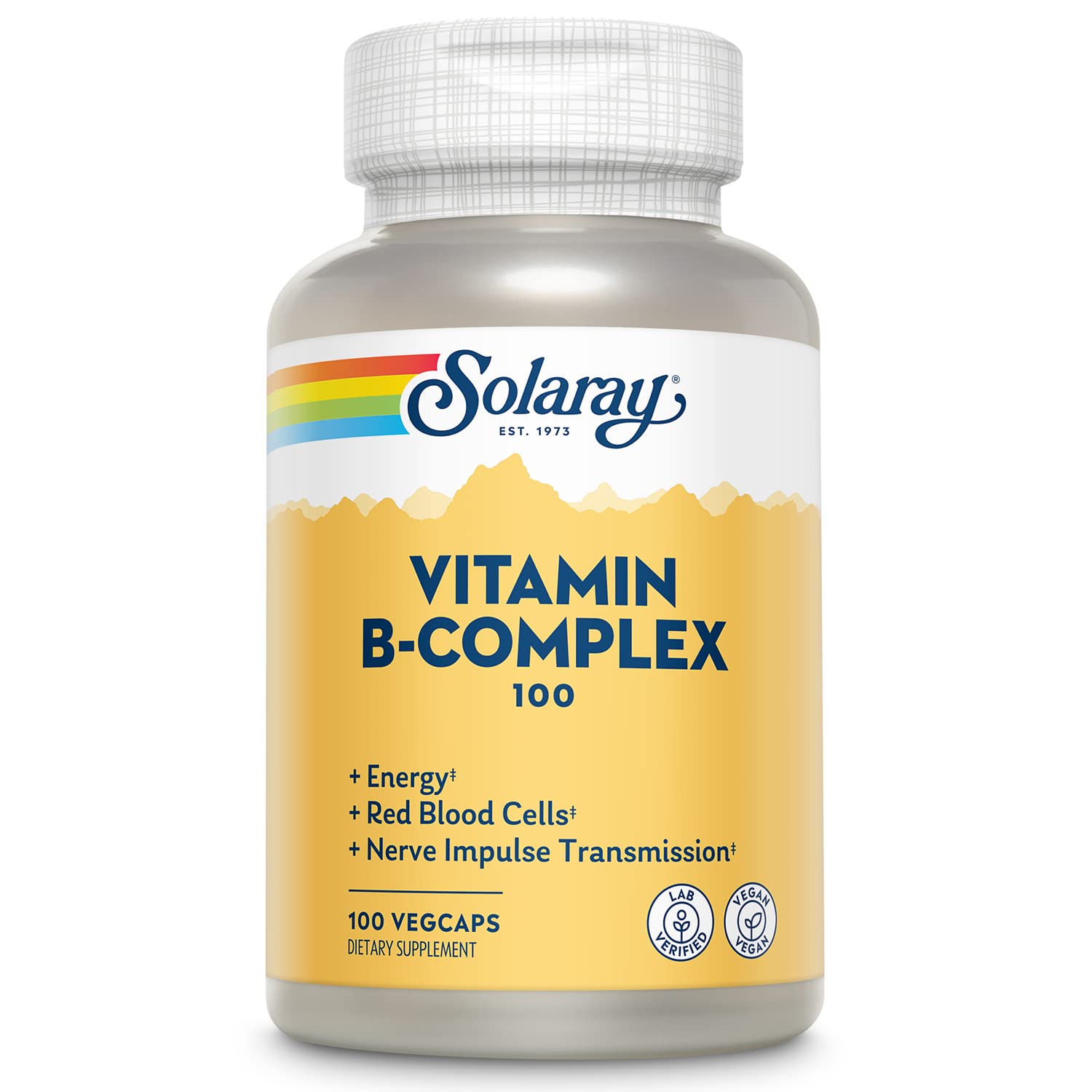 Solaray B Complex bottle front for natural energy support and daily wellness.