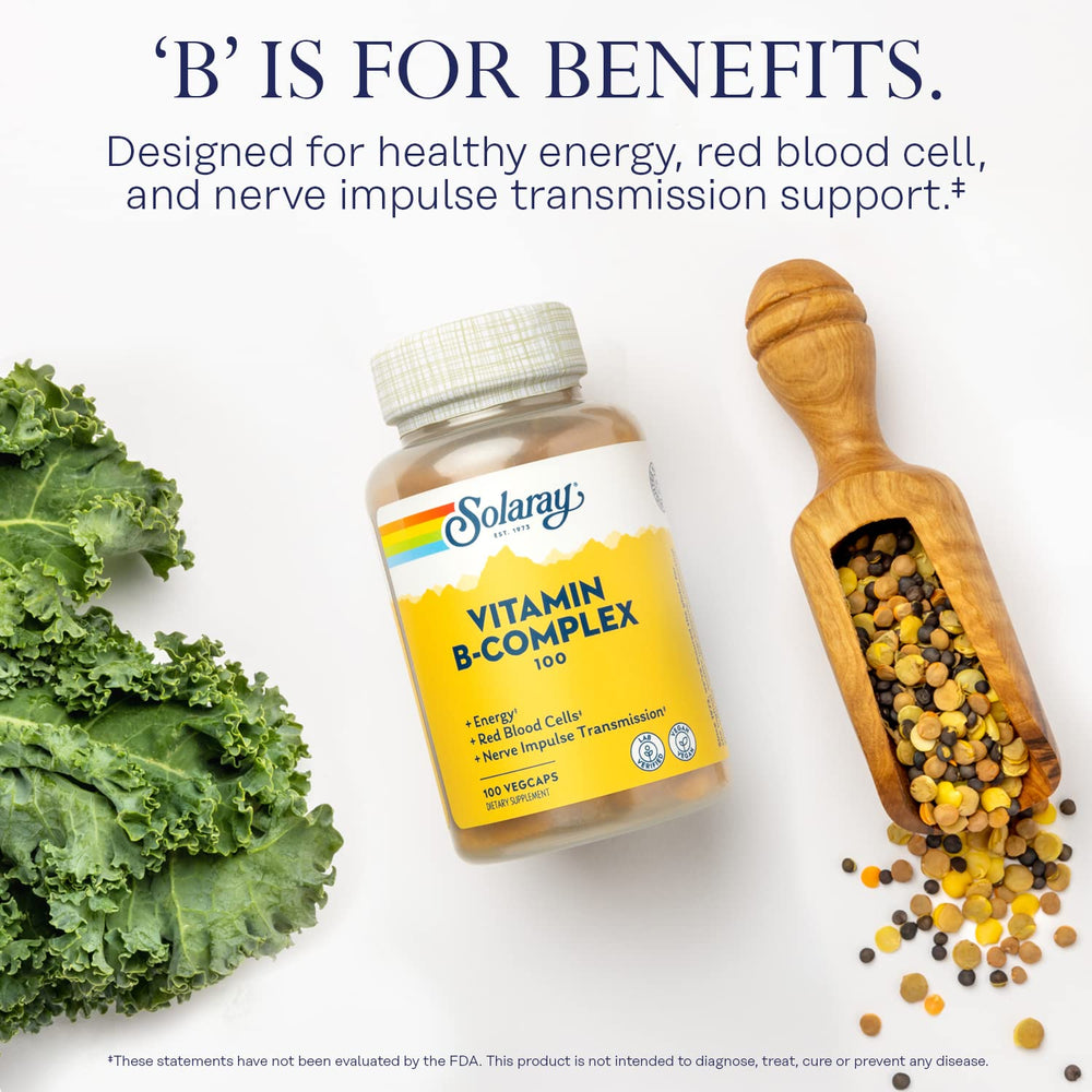 Solaray B Complex bottle beside a glass, aiding everyday vitality.