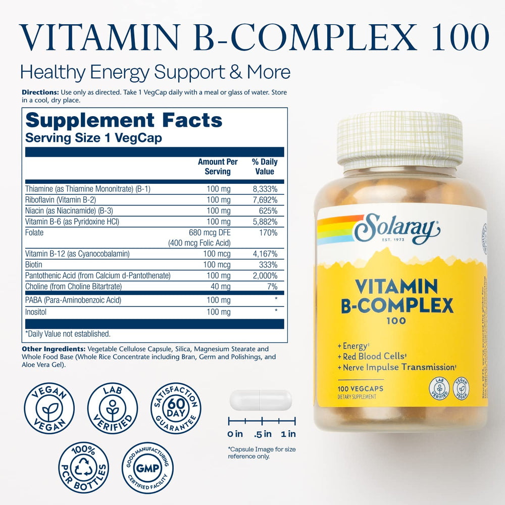 Solaray B Complex capsules close-up, vegan vitamins for daily energy metabolism.