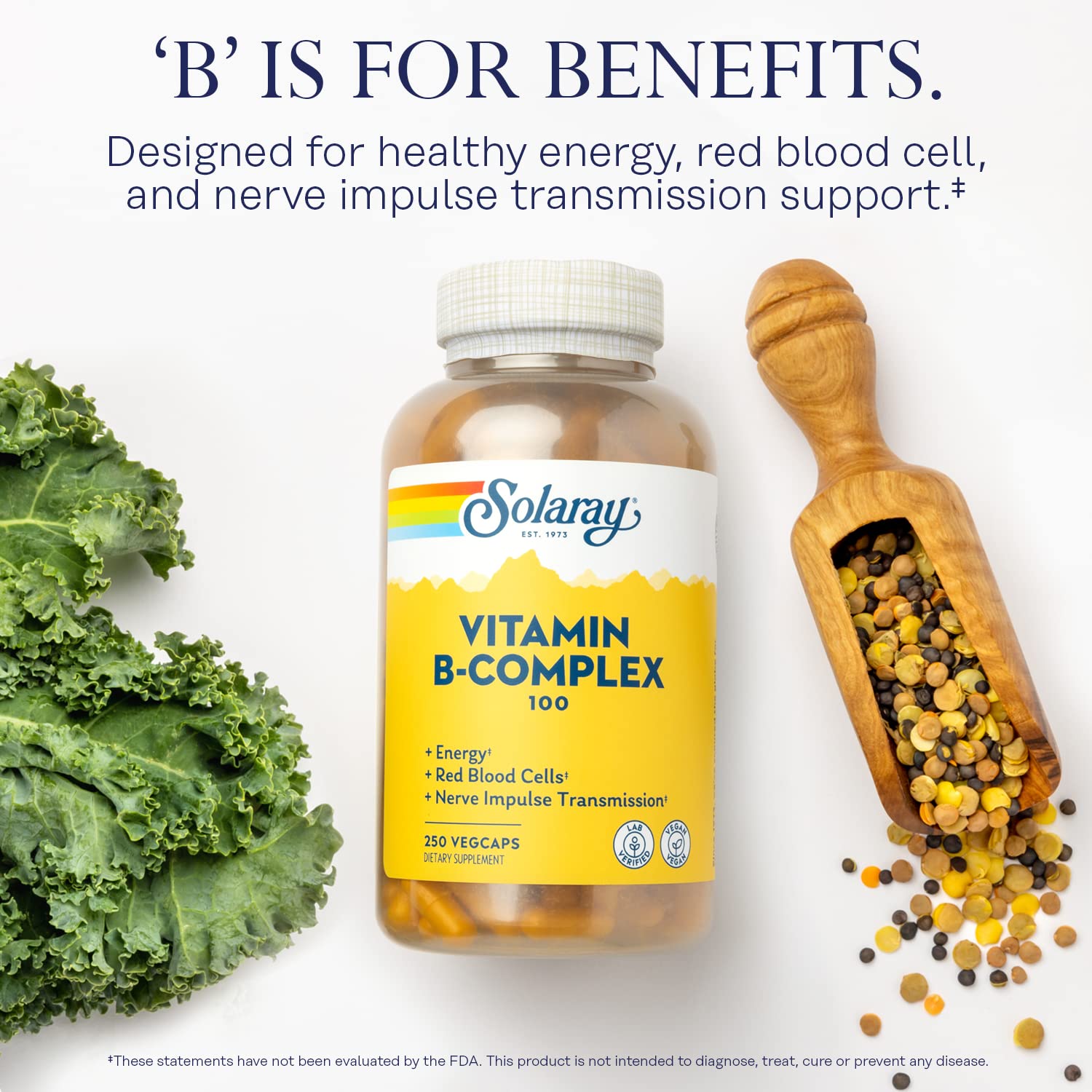 SOLARAY B-Complex label biotin 100mcg emphasizes beauty support for skin, hair, nails