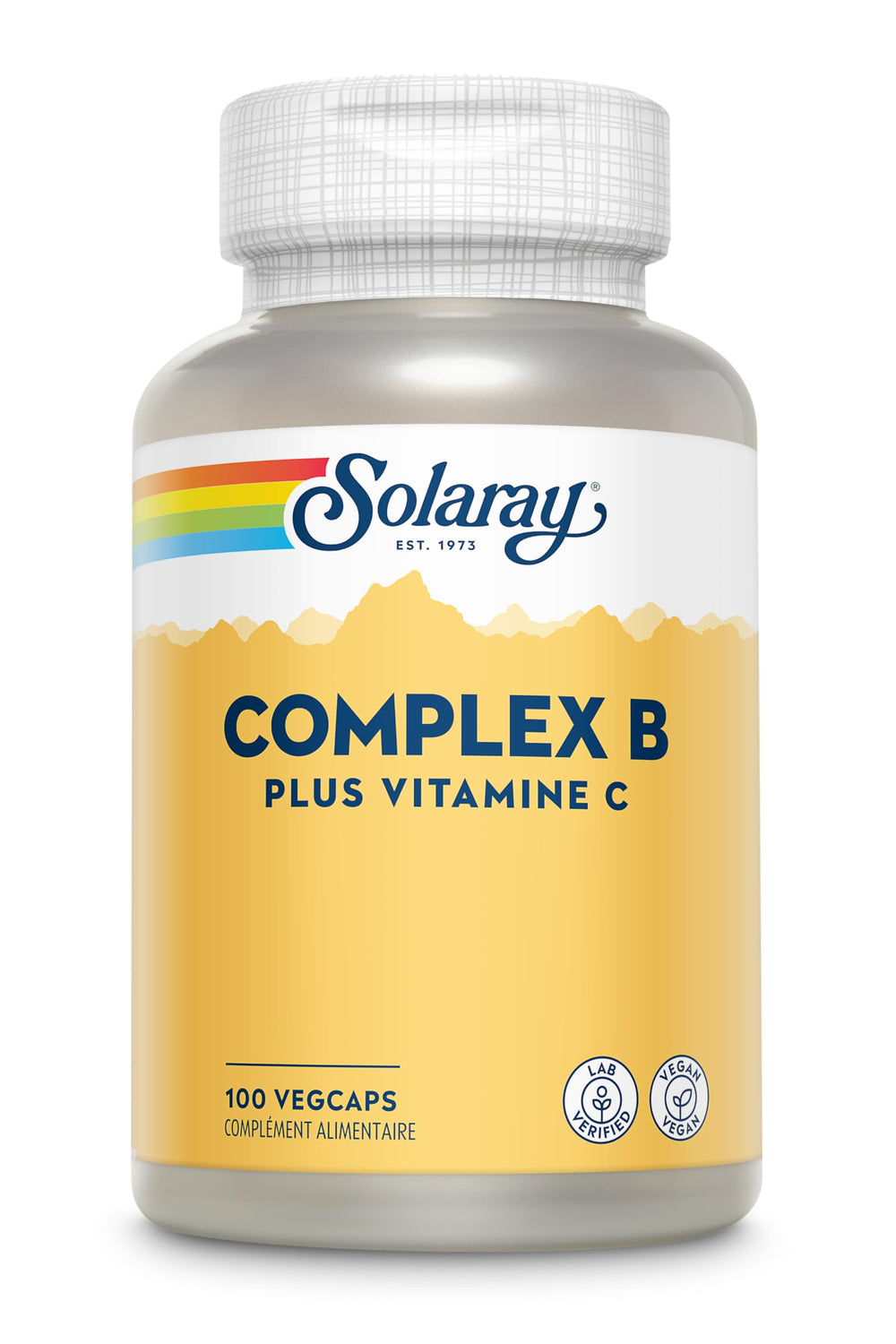 Solaray B Complex label details show B vitamins for energy and immunity.