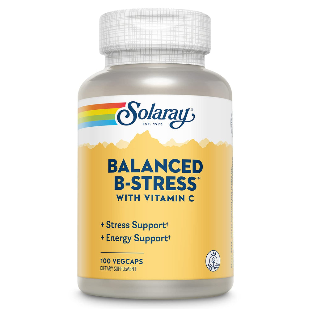 SOLARAY B-Stress bottle pour shows a daily ritual for balanced wellness.