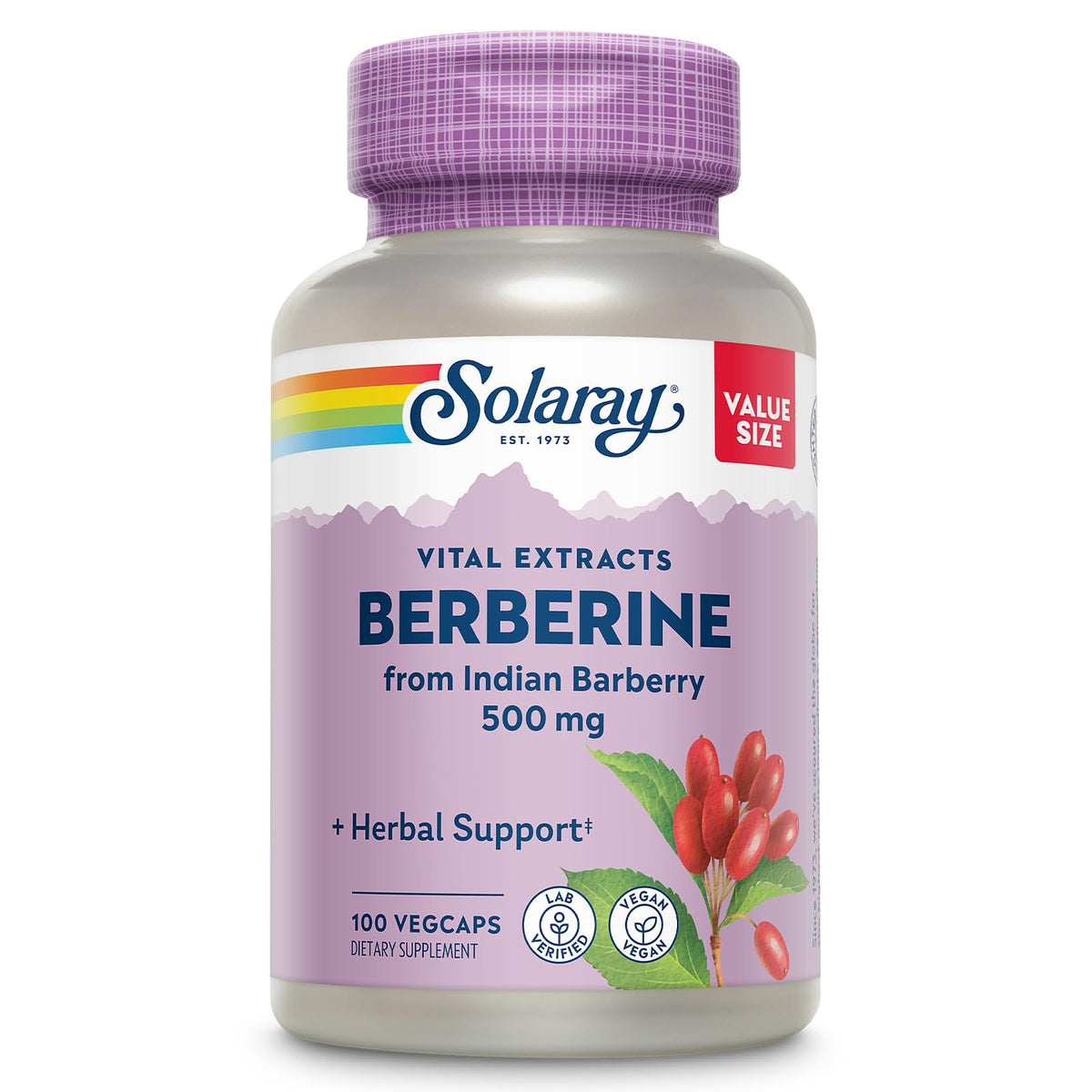 Solaray Berberine 500mg bottle displaying vegan packaging and sustainability.