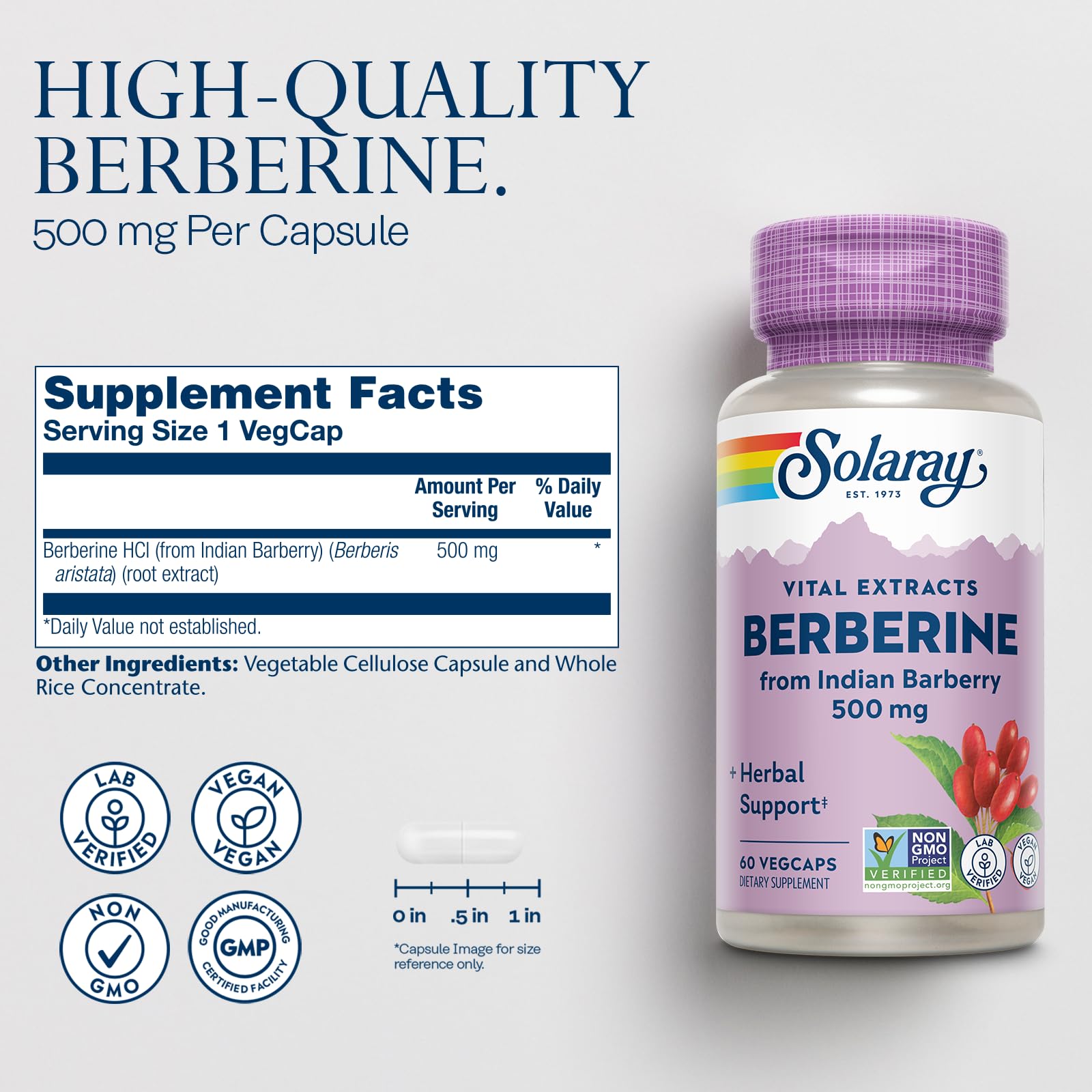 SOLARAY Berberine 500mg capsules close-up highlighting vegan formula