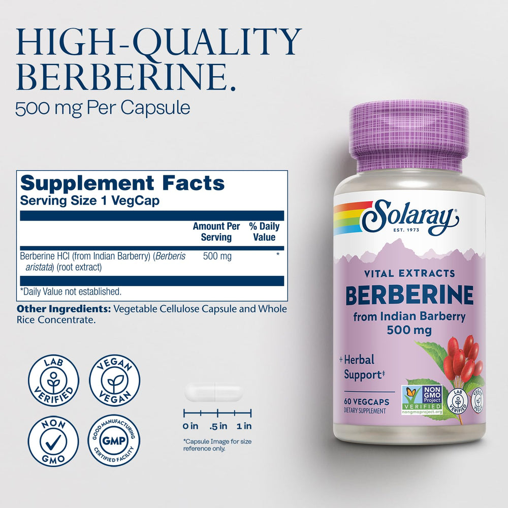 SOLARAY Berberine 500mg capsules close-up highlighting vegan formula