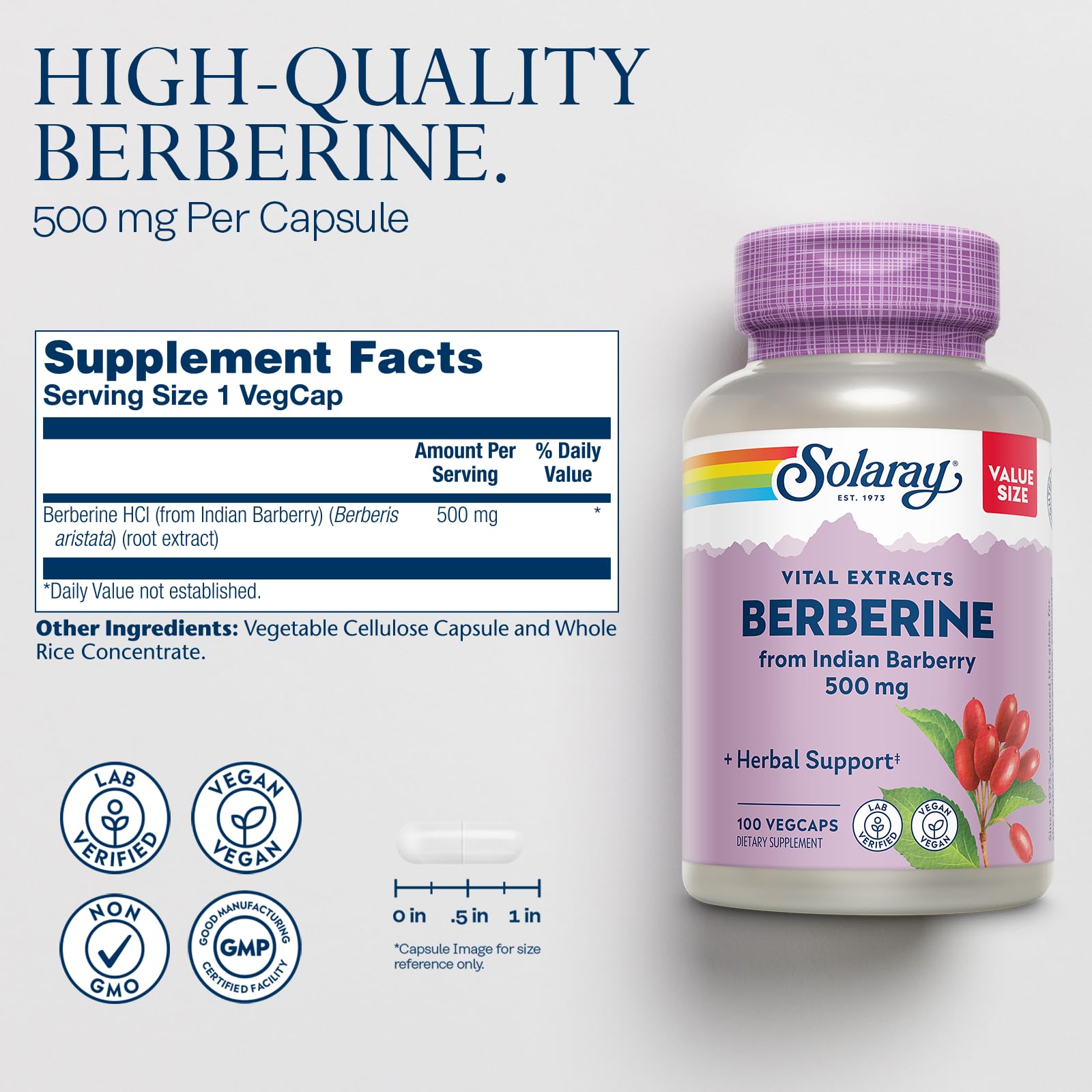 Close-up of Solaray Berberine capsules for daily wellness convenience.