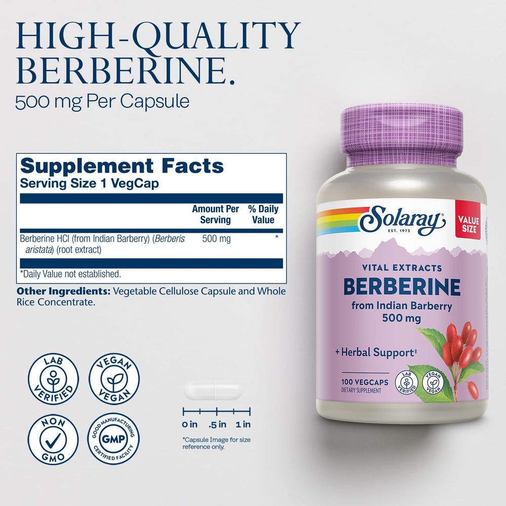 Close-up of Solaray Berberine capsules for daily wellness convenience.
