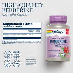 Close-up of Solaray Berberine capsules for daily wellness convenience.