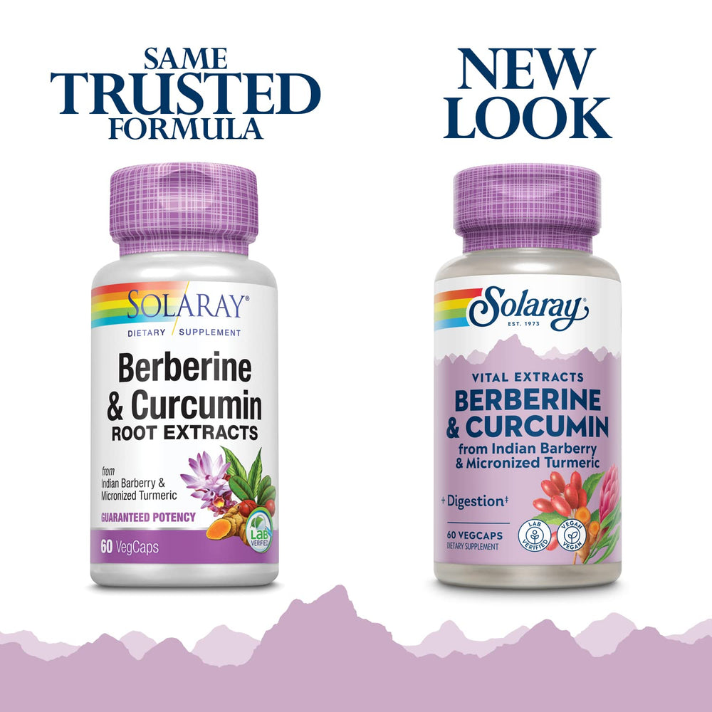 SOLARAY Berberine & Curcumin capsules close-up noting 300 mg berberine per serving