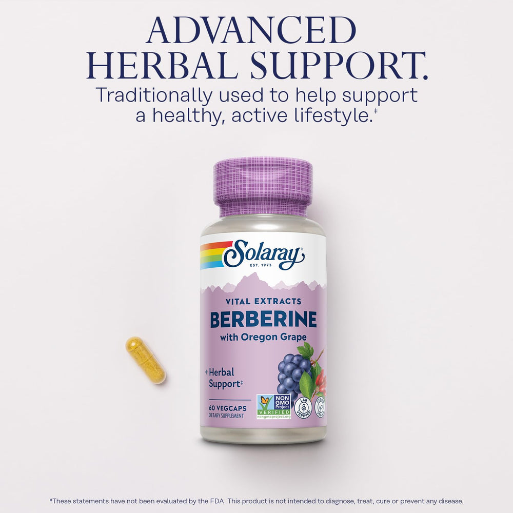 SOLARAY Berberine ingredients label featuring Berberine HCl and Oregon Grape.