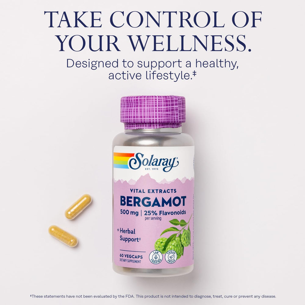 SOLARAY Bergamot bottle label graphic emphasizing 25% flavonoids.