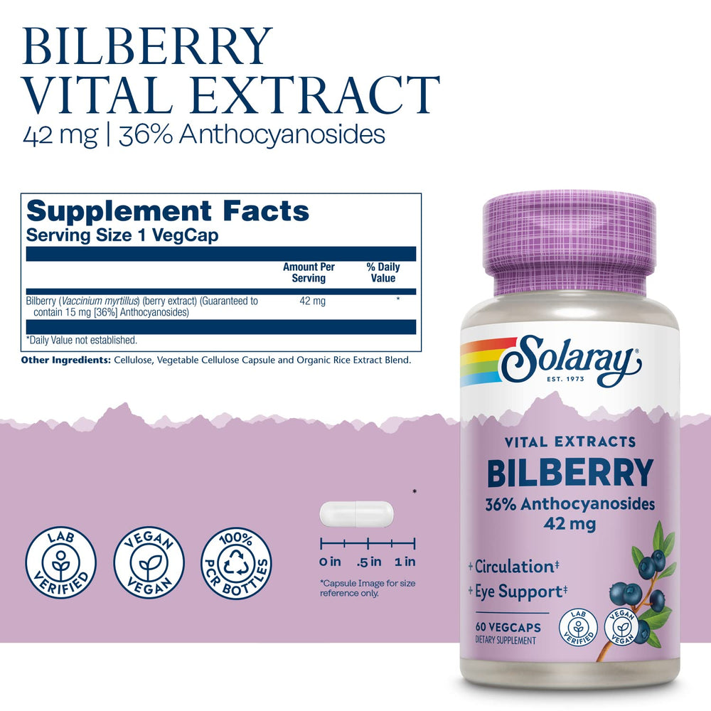SOLARAY Bilberry Extract packaging showcases vegan formula and capsules