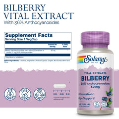 SOLARAY Bilberry label close-up detail communicates potency and vegan purity.