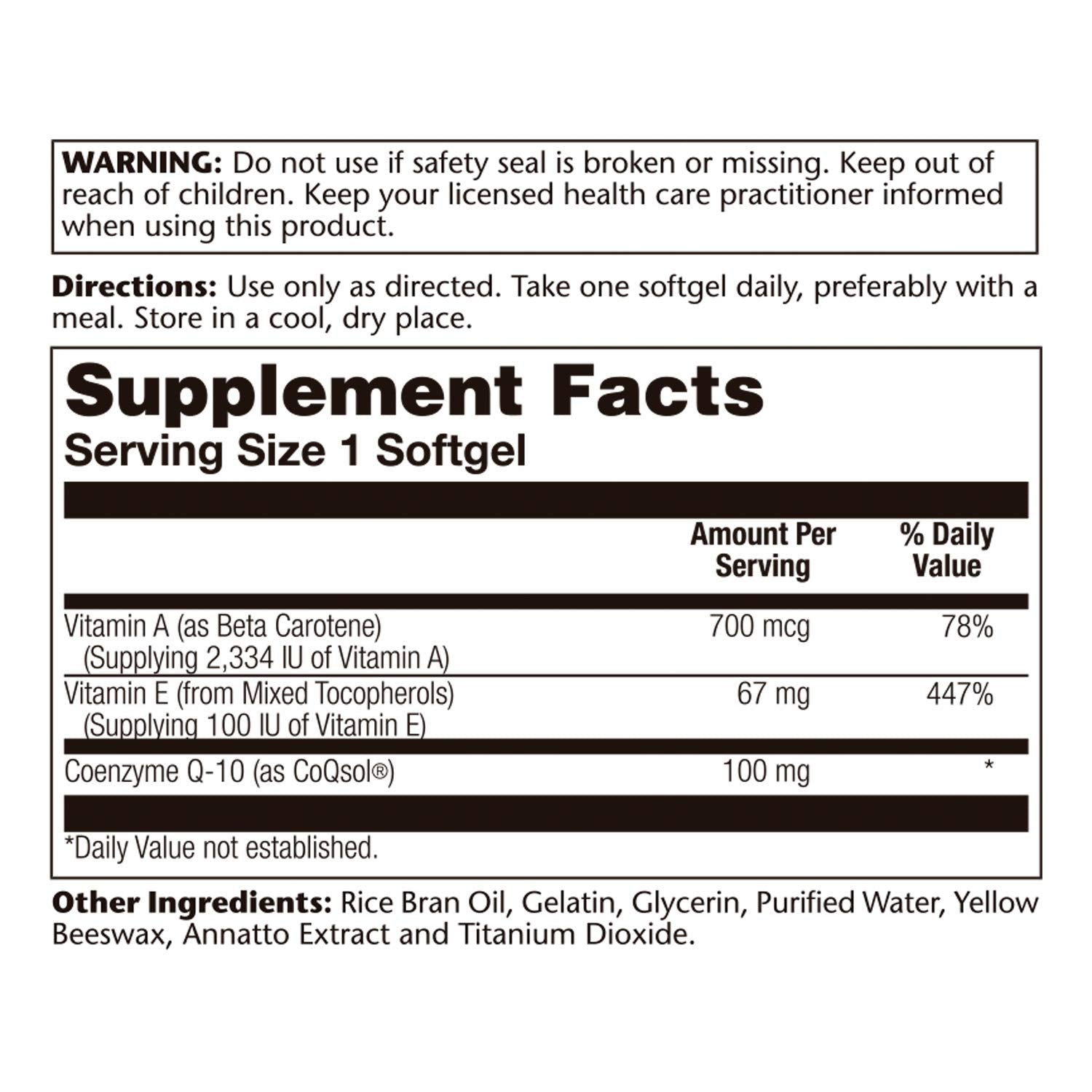 SOLARAY Bio CoQ-10 packaging highlights vitamins A and E.